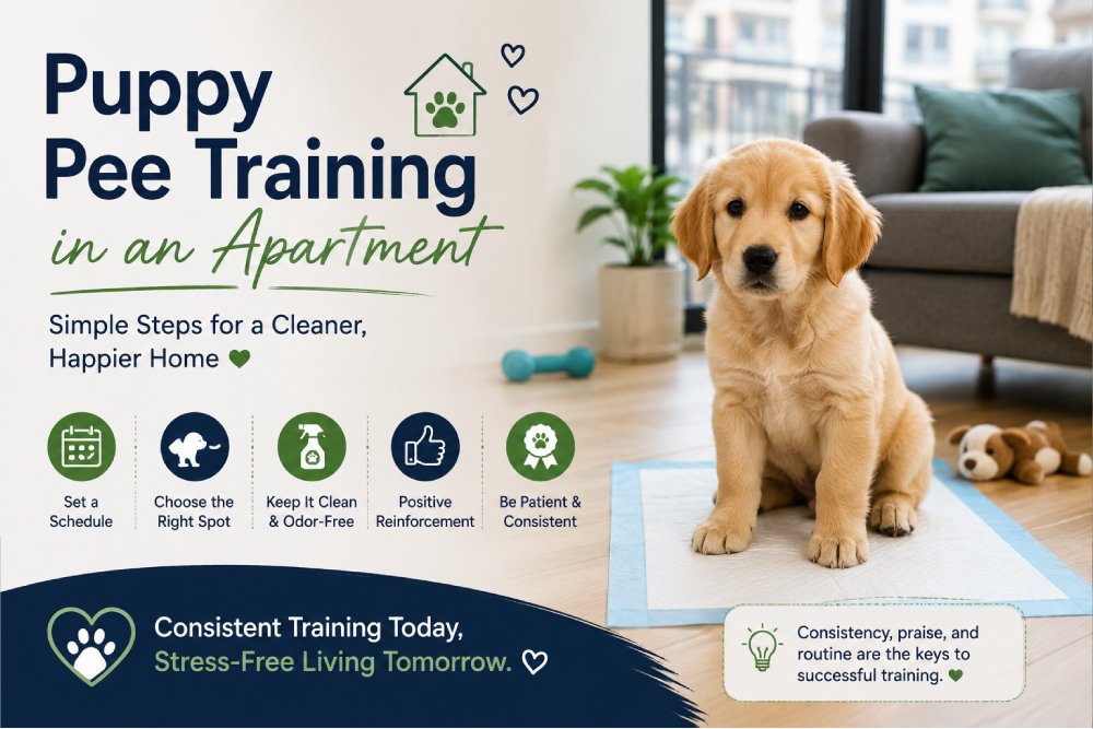 Golden retriever puppy sitting on a pee pad in a modern apartment, illustrating puppy potty training tips for apartment living.