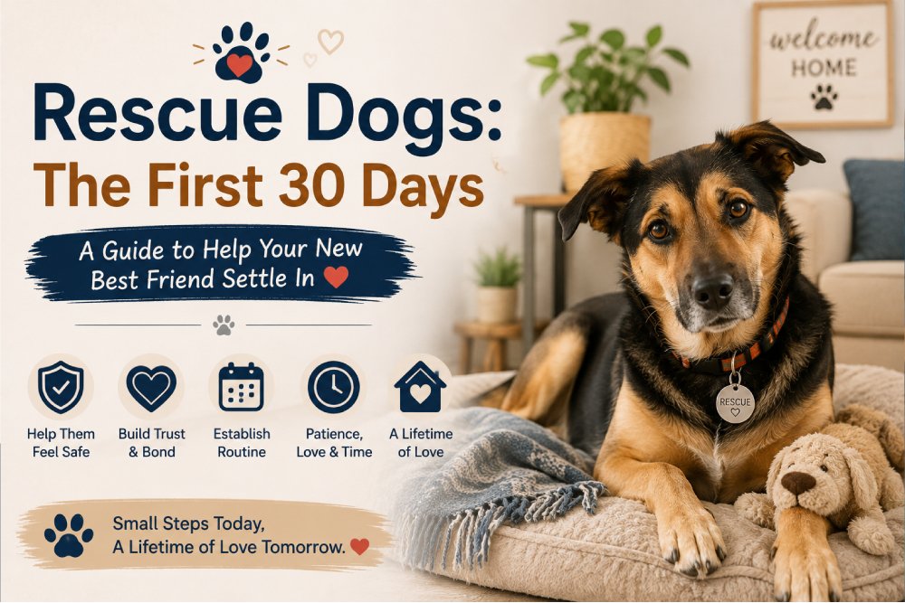 Rescue dog resting on a cozy bed at home, illustrating the first 30 days of helping a newly adopted dog feel safe, build trust, and settle into a routine.