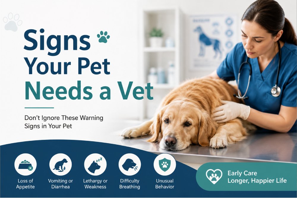 Veterinarian examining a golden retriever in a clinic, illustrating the warning signs that indicate your pet may need to see a vet.