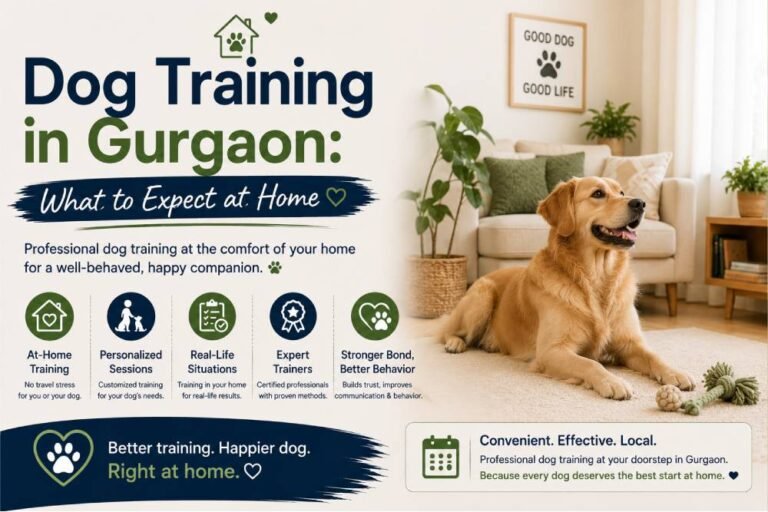 Happy golden retriever relaxing in a modern home, illustrating personalized at-home dog training in Gurgaon for better behavior, real-life skills, and a stronger bond with your dog.