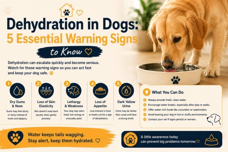 Dehydration in dogs: a golden retriever drinking water alongside five essential warning signs, including dry gums, loss of skin elasticity, lethargy, loss of appetite, and dark yellow urine.