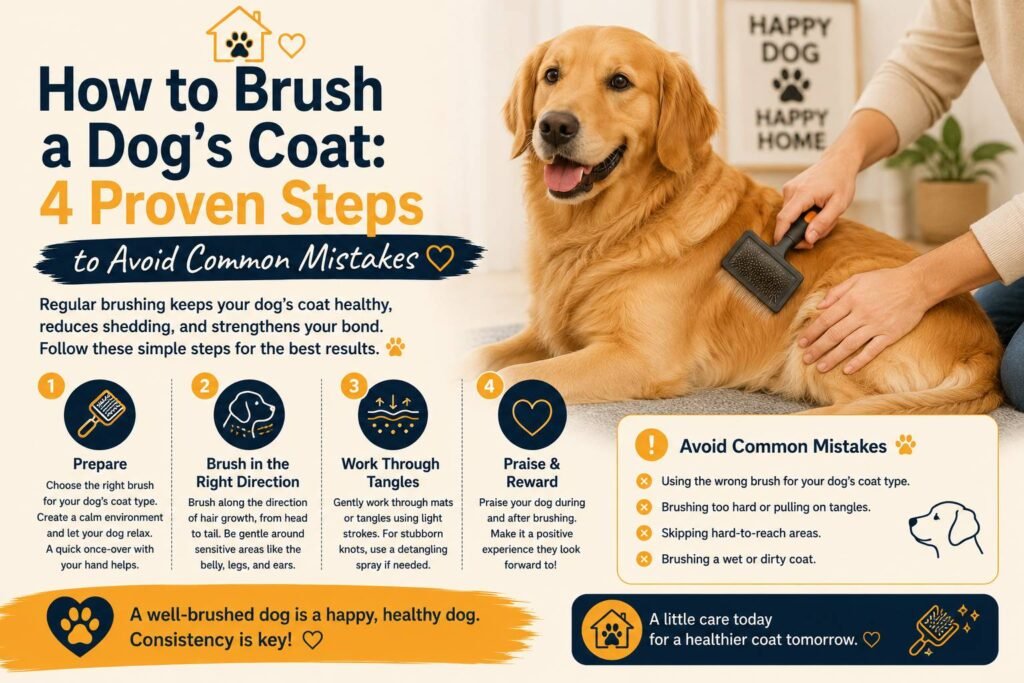 how to brush a dog's coat: a golden retriever being gently brushed, with four proven steps for healthy grooming and tips to avoid common brushing mistakes.