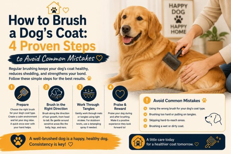 how to brush a dog's coat: a golden retriever being gently brushed, with four proven steps for healthy grooming and tips to avoid common brushing mistakes.