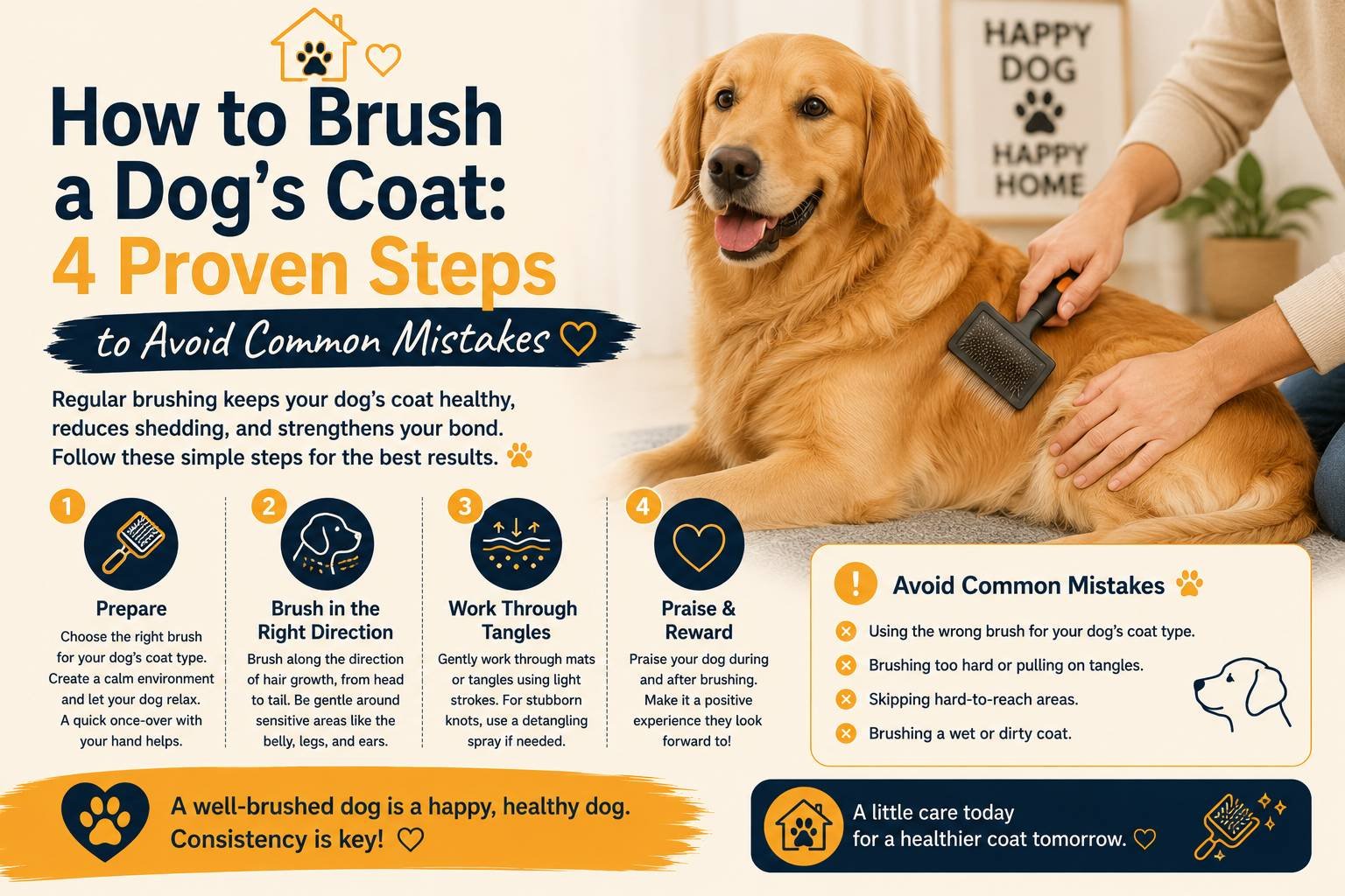 how to brush a dog's coat: a golden retriever being gently brushed, with four proven steps for healthy grooming and tips to avoid common brushing mistakes.