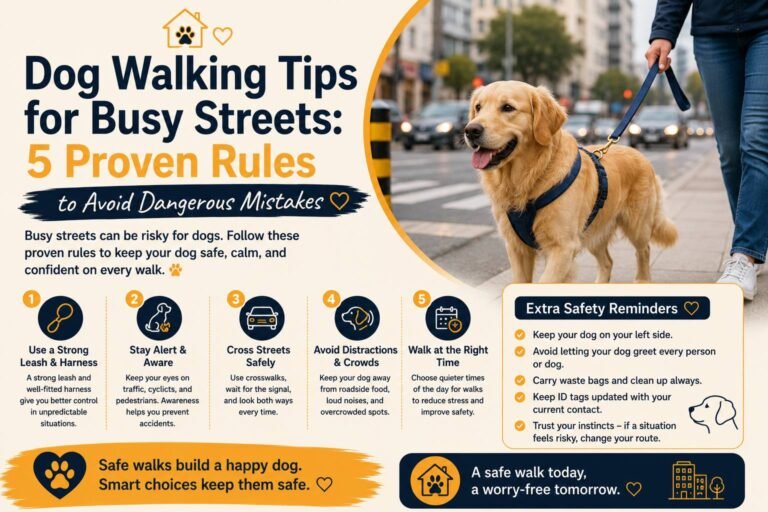 Dog walking tips for busy streets: a golden retriever wearing a harness and walking on a leash in a city, with five proven rules for safe walks and avoiding dangerous mistakes.