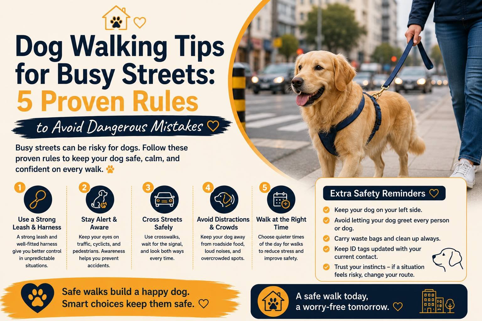 Dog walking tips for busy streets: a golden retriever wearing a harness and walking on a leash in a city, with five proven rules for safe walks and avoiding dangerous mistakes.
