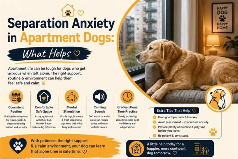 Separation anxiety in apartment dogs: a golden retriever resting by a window while helpful tips highlight routines, safe spaces, mental stimulation, calming sounds, and gradual alone-time training.