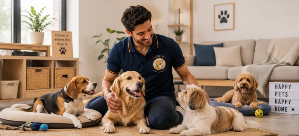 Trainer with four dogs in a cozy living room
