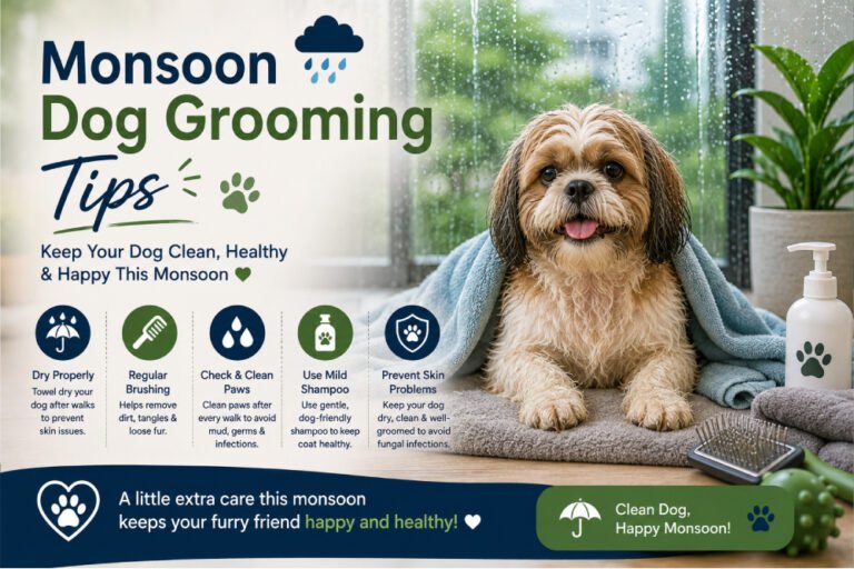 Wet Shih Tzu sitting on a towel indoors near a rainy window, illustrating essential monsoon dog grooming tips to keep dogs clean, healthy, and free from skin problems.