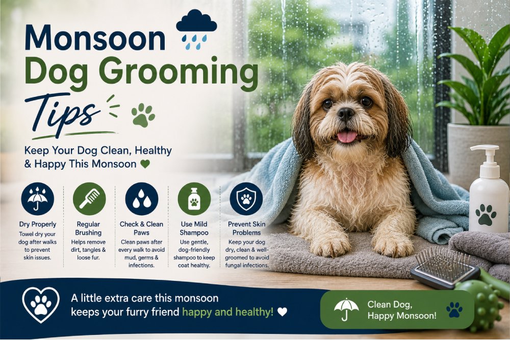 Wet Shih Tzu sitting on a towel indoors near a rainy window, illustrating essential monsoon dog grooming tips to keep dogs clean, healthy, and free from skin problems.