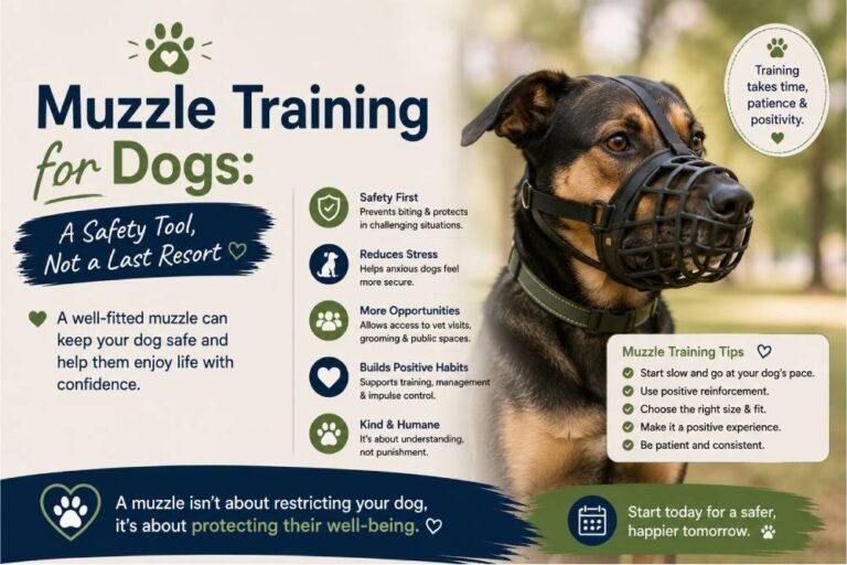 Dog wearing a basket muzzle outdoors, illustrating positive muzzle training for dogs as a safe and humane tool that helps protect dogs and others while reducing stress in challenging situations.
