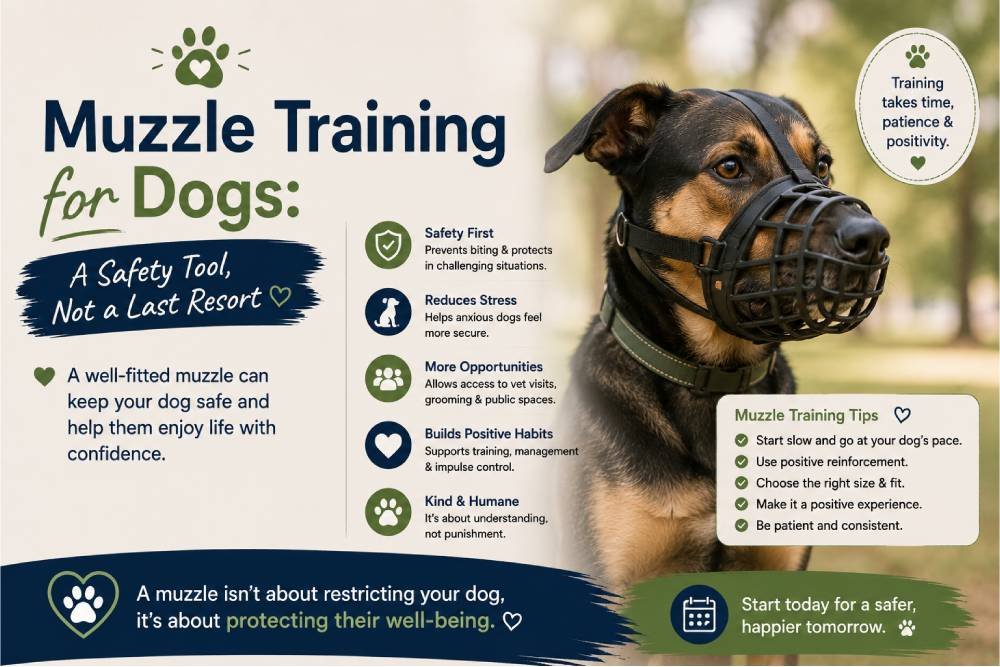 Dog wearing a basket muzzle outdoors, illustrating positive muzzle training for dogs as a safe and humane tool that helps protect dogs and others while reducing stress in challenging situations.