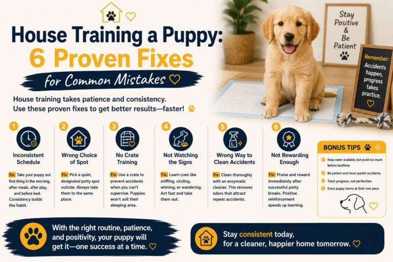 House training a puppy: a golden retriever puppy sitting on a training pad with six proven fixes for common house-training mistakes, including consistent schedules, proper potty spots, crate training, supervision, accident cleanup, and positive rewards.