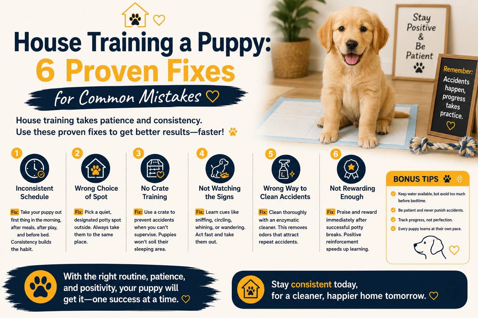 House training a puppy: a golden retriever puppy sitting on a training pad with six proven fixes for common house-training mistakes, including consistent schedules, proper potty spots, crate training, supervision, accident cleanup, and positive rewards.