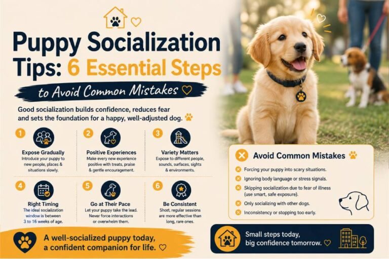 Puppy socialization tips showing a happy golden puppy and six essential steps to build confidence, encourage positive experiences, and avoid common socialization mistakes.
