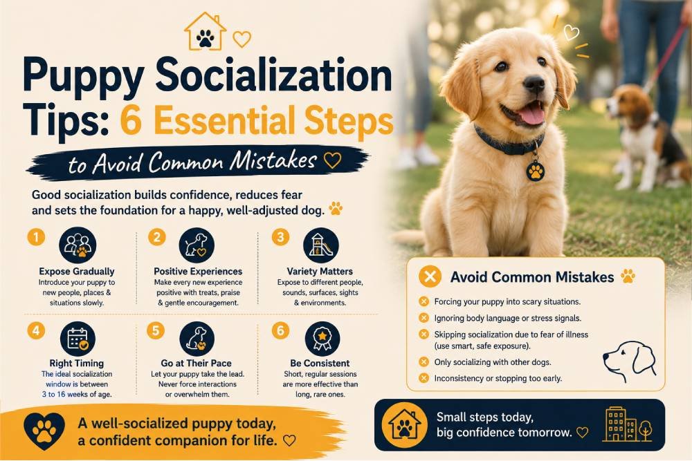 Puppy socialization tips showing a happy golden puppy and six essential steps to build confidence, encourage positive experiences, and avoid common socialization mistakes.