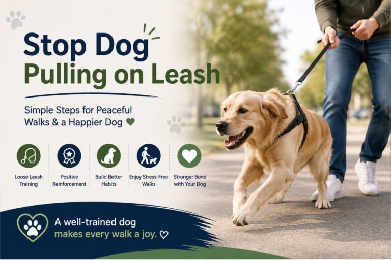 Golden retriever walking on a leash with its owner in a park, illustrating effective training techniques to stop a dog from pulling on the leash.