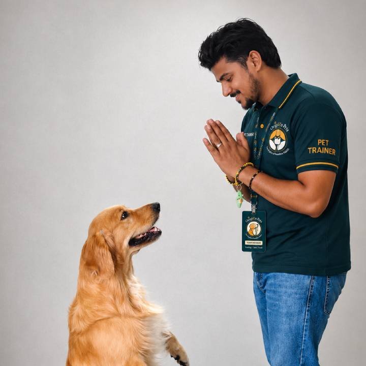 Origizn Pets trainer with hands folded in greeting facing a seated Golden Retriever, studio background