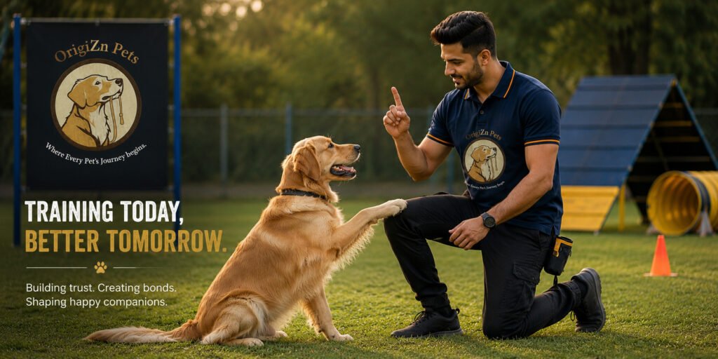 Origizn Pets dog training service banner on agility field