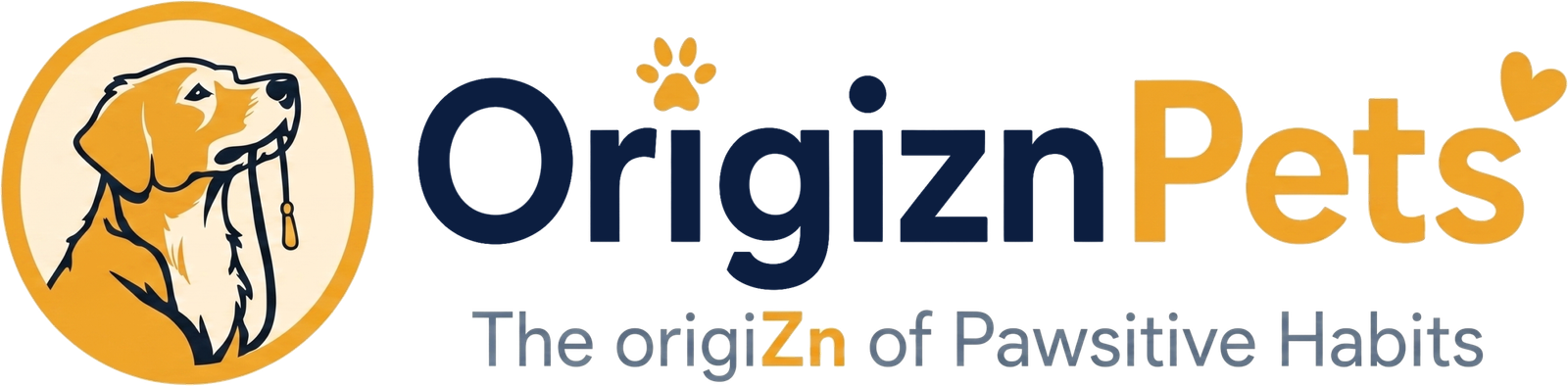 Origizn Pets logo with dog icon and tagline 'The origiZn of Pawsitive Habits