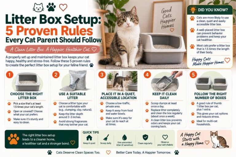 Litter box setup tips featuring five proven rules every cat parent should follow, including choosing the right litter box, using suitable litter, selecting a quiet location, cleaning daily, and providing enough boxes.