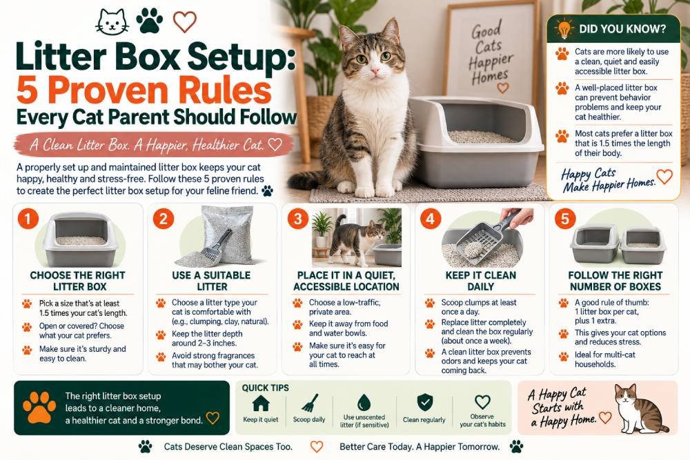 Litter box setup tips featuring five proven rules every cat parent should follow, including choosing the right litter box, using suitable litter, selecting a quiet location, cleaning daily, and providing enough boxes.