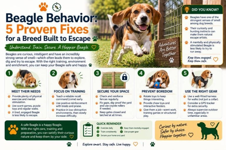 Beagle behavior tips featuring five proven fixes for a breed built to escape, including exercise, recall training, secure fencing, boredom prevention, and proper safety gear.