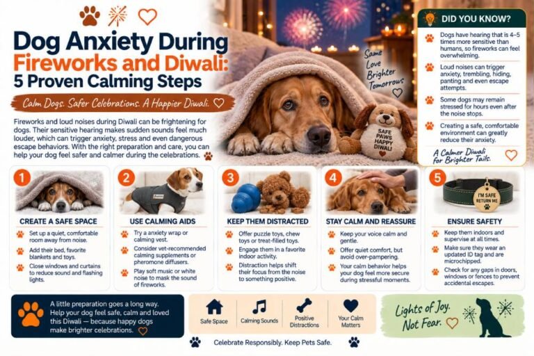 Dog anxiety during fireworks and Diwali featuring five proven calming steps, including creating a safe space, using calming aids, providing distractions, staying calm and reassuring, and keeping dogs safely indoors.