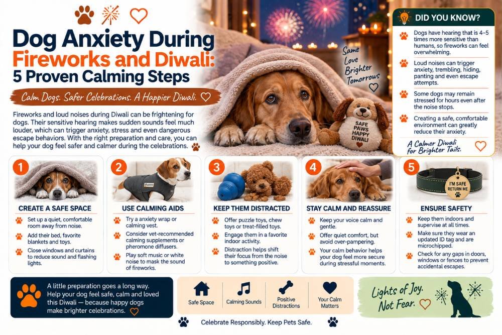 Dog anxiety during fireworks and Diwali featuring five proven calming steps, including creating a safe space, using calming aids, providing distractions, staying calm and reassuring, and keeping dogs safely indoors.