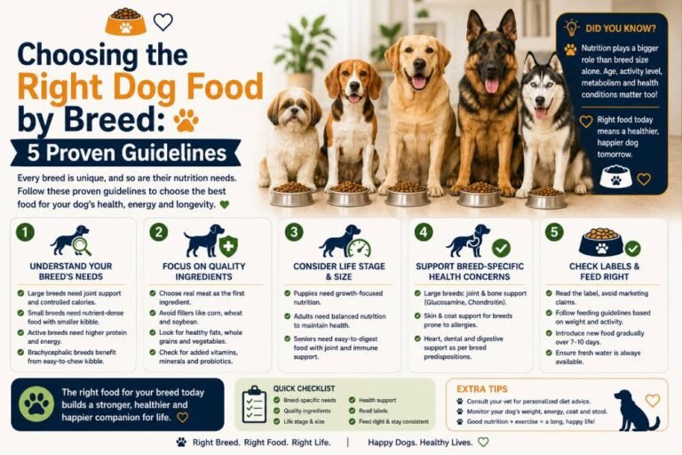 Choosing dog food by breed: five different dog breeds with food bowls, illustrating five proven guidelines for selecting balanced nutrition based on breed, size, life stage, health needs, and feeding requirements.