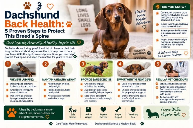 Dachshund back health care featuring a Dachshund and five proven steps to protect this breed’s spine, including preventing jumping, maintaining a healthy weight, providing safe exercise, using supportive gear, and scheduling regular vet check-ups.