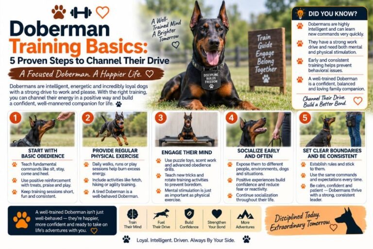 Doberman training tips featuring a Doberman and five proven steps to channel their drive, including basic obedience, regular exercise, mental stimulation, early socialization, and consistent boundaries.