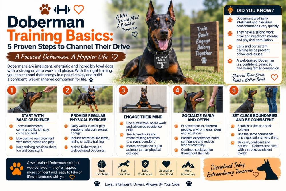 Doberman training tips featuring a Doberman and five proven steps to channel their drive, including basic obedience, regular exercise, mental stimulation, early socialization, and consistent boundaries.