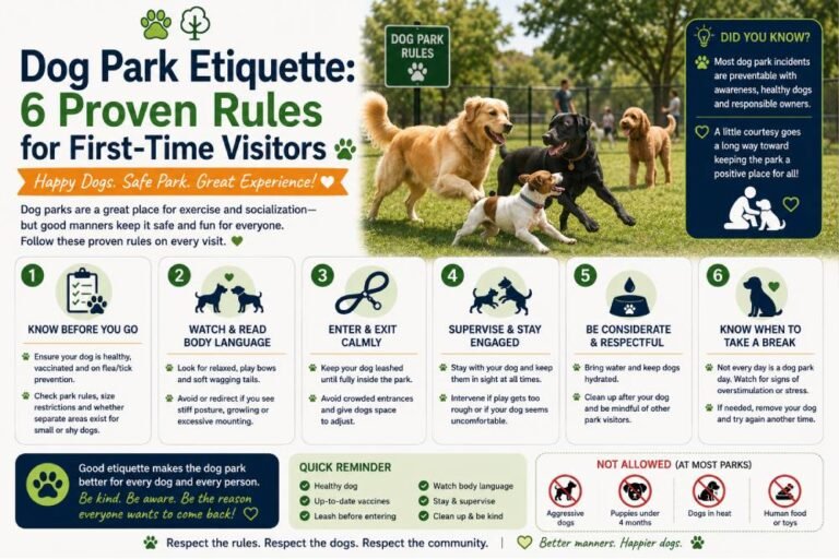 Dog park etiquette tips: six proven rules for first-time visitors, showing dogs playing safely in a dog park with guidance on preparation, body language, calm entry, supervision, respectful behavior, and knowing when to take a break.