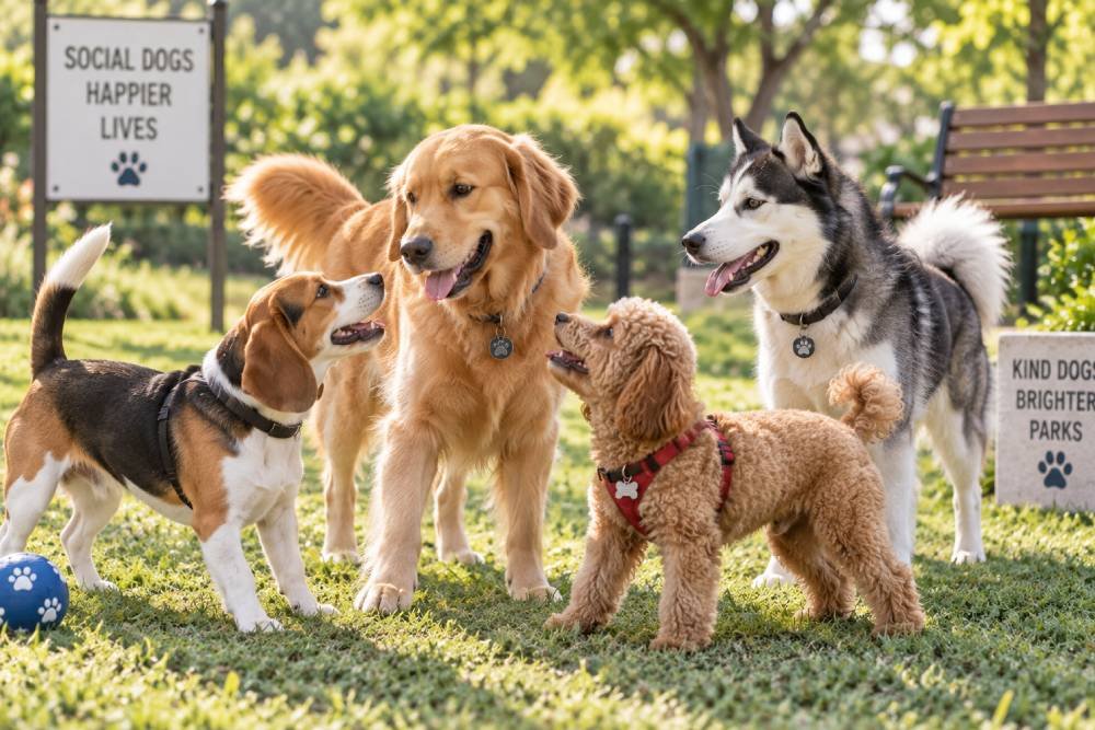 Dog socialising comfortably with people in a park setting