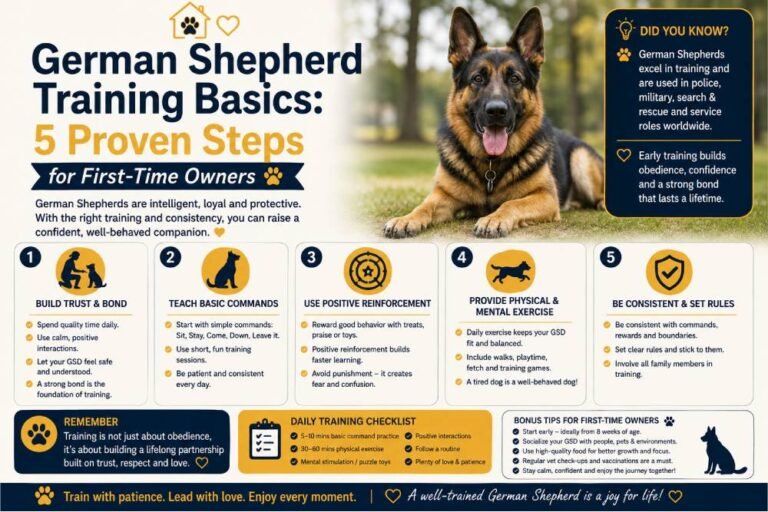 German Shepherd training tips featuring a German Shepherd and five proven steps for first-time owners, including building trust, teaching basic commands, positive reinforcement, exercise, and consistent training.