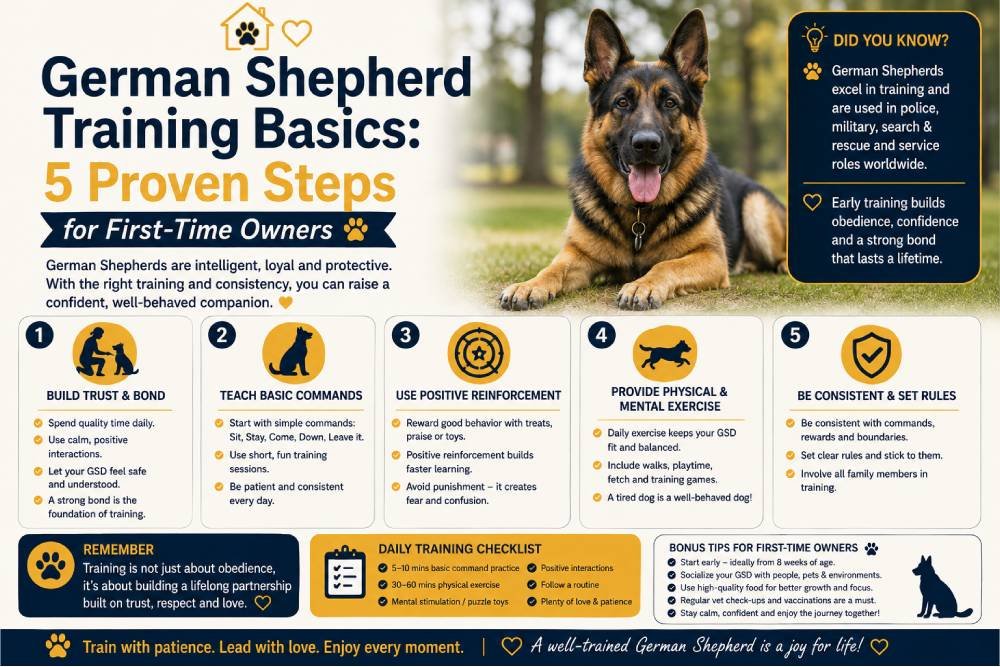 German Shepherd training tips featuring a German Shepherd and five proven steps for first-time owners, including building trust, teaching basic commands, positive reinforcement, exercise, and consistent training.