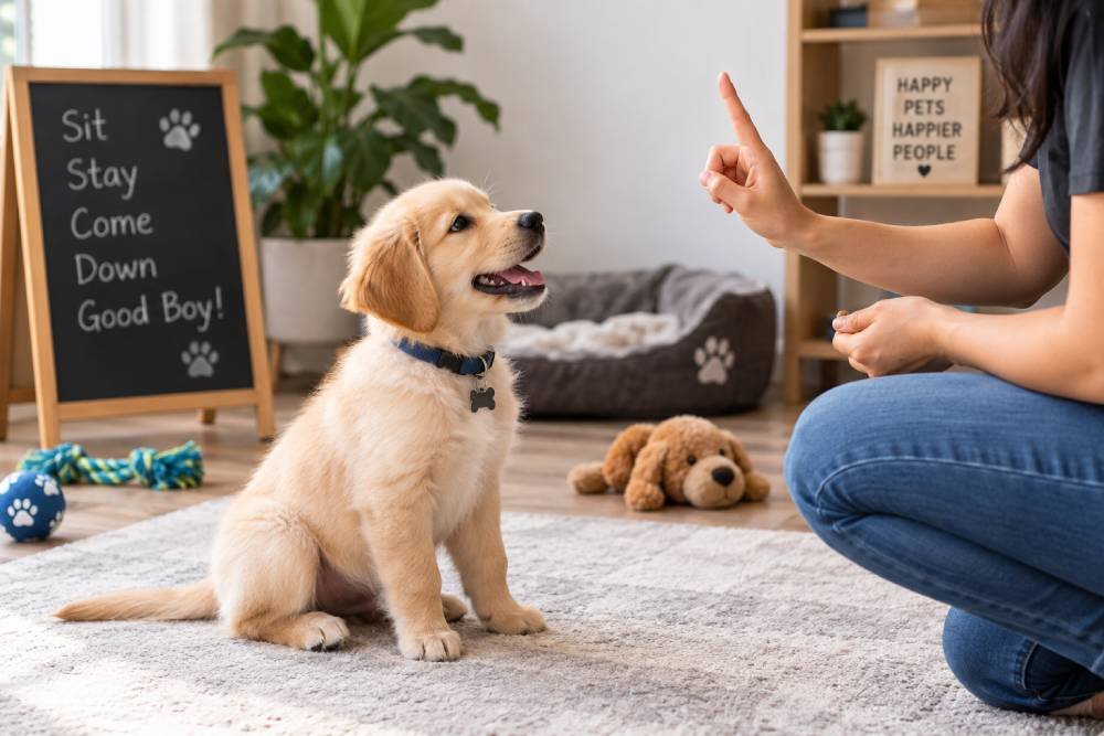 Puppy learning basic training commands