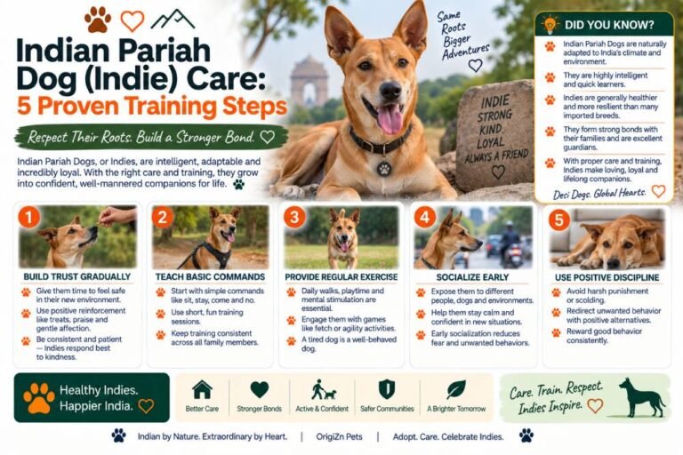 Indie Dog care featuring five proven training steps, including building trust, teaching basic commands, providing regular exercise, early socialization, and using positive discipline.