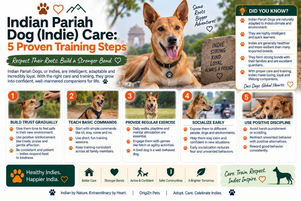 Indie Dog care featuring five proven training steps, including building trust, teaching basic commands, providing regular exercise, early socialization, and using positive discipline.