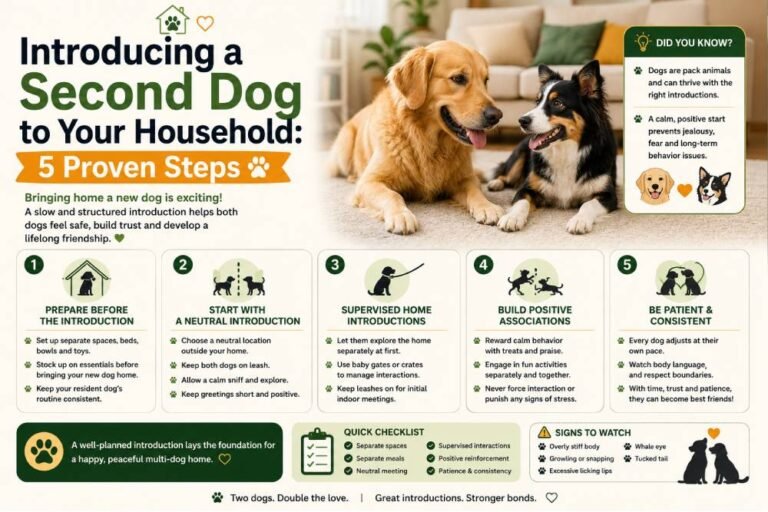 Introducing a second dog: two dogs meeting calmly at home, with five proven steps for a safe introduction, positive interactions, supervised meetings, and building a peaceful multi-dog household.