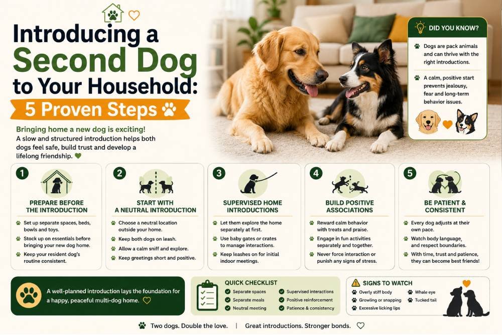 Introducing a second dog: two dogs meeting calmly at home, with five proven steps for a safe introduction, positive interactions, supervised meetings, and building a peaceful multi-dog household.
