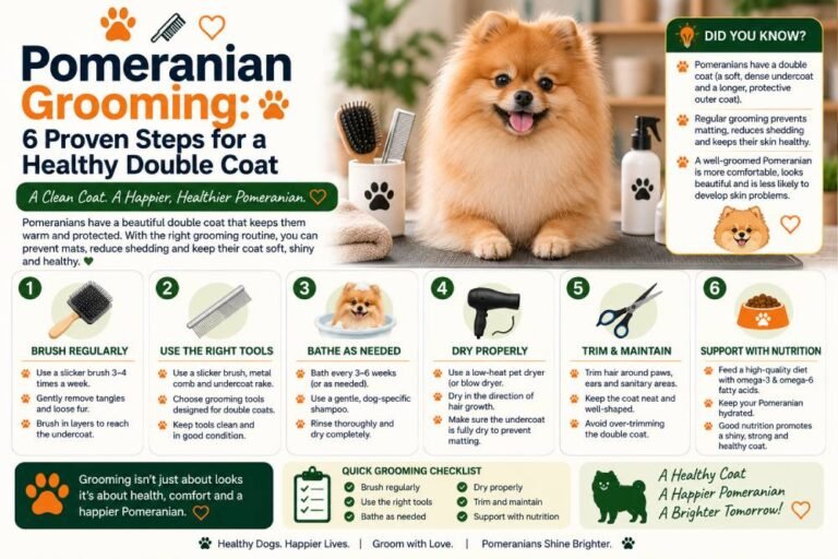 Pomeranian grooming tips featuring a fluffy Pomeranian and six proven steps for maintaining a healthy double coat, including regular brushing, proper grooming tools, bathing, drying, trimming, and balanced nutrition.