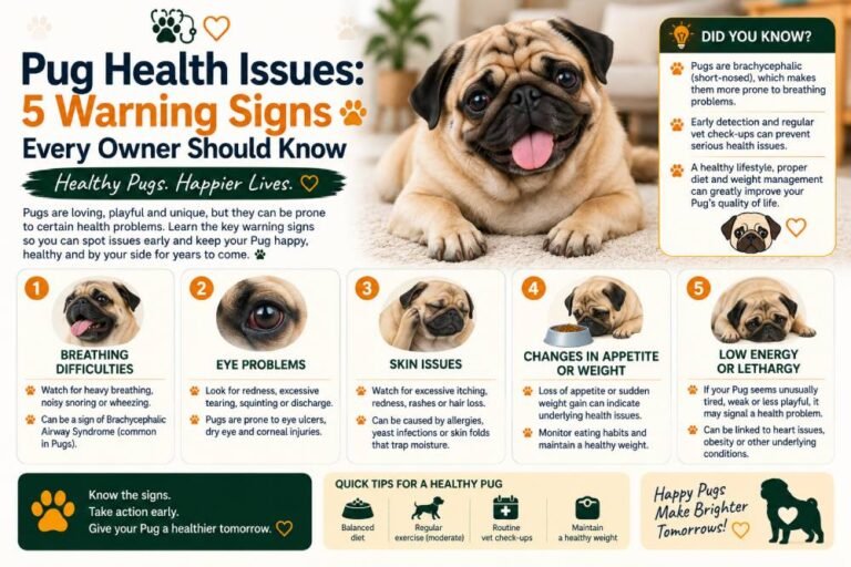 Pug health issues featuring a Pug and five warning signs every owner should know, including breathing difficulties, eye problems, skin issues, appetite or weight changes, and low energy or lethargy.