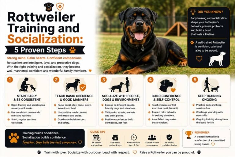 Rottweiler training tips featuring a confident Rottweiler and five proven steps for obedience, socialization, confidence building, positive reinforcement, and consistent training.