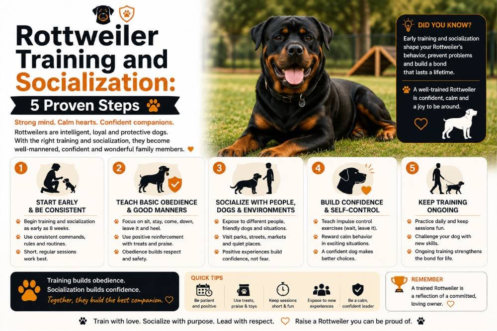 Rottweiler training tips featuring a confident Rottweiler and five proven steps for obedience, socialization, confidence building, positive reinforcement, and consistent training.
