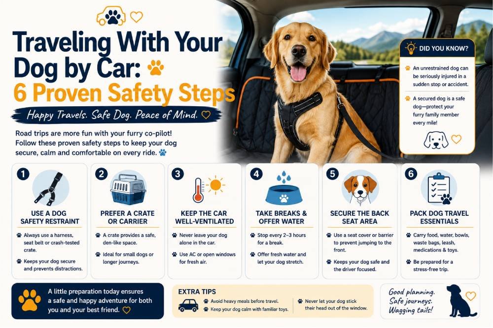 Traveling with dogs by car: a golden retriever secured with a safety harness in the back seat, highlighting six proven safety steps for a safe and comfortable road trip.