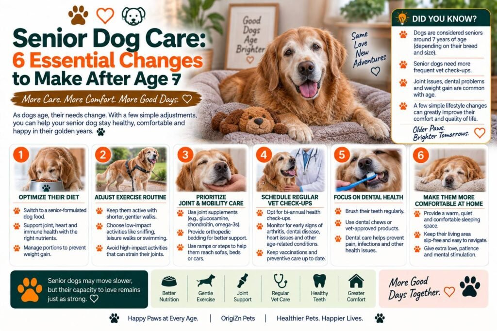 Senior dog care tips featuring a golden retriever and six essential changes to make after age 7, including improved nutrition, adjusted exercise, joint support, regular vet check-ups, dental care, and greater home comfort.
