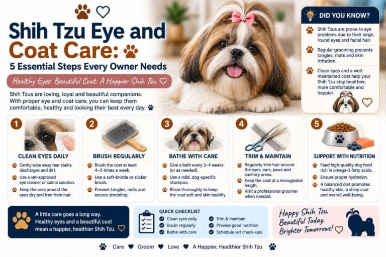 Shih Tzu care tips featuring a healthy Shih Tzu and five essential steps for eye care, regular brushing, bathing, coat maintenance, and balanced nutrition.