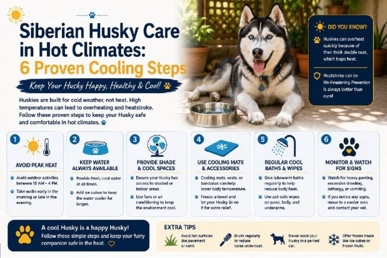 Husky care in India heat featuring a Siberian Husky beside a water bowl with six cooling steps to help keep Huskies safe, comfortable, and hydrated in hot weather.